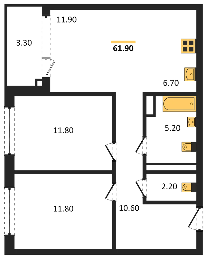Планировка: 2-комн., 61,9 м²