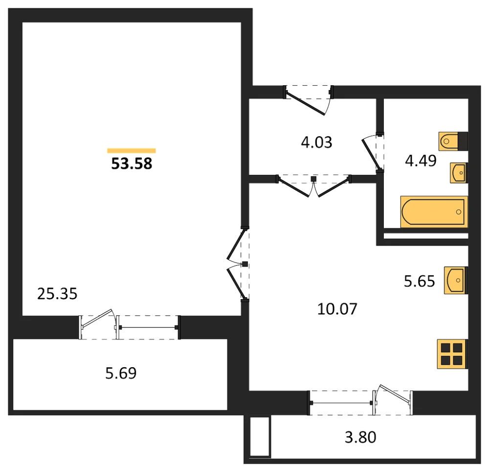 Планировка: 1-комн., 53,6 м²