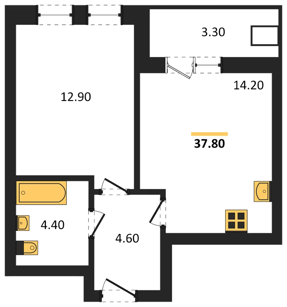 Планировка: 1-комн., 37,8 м²
