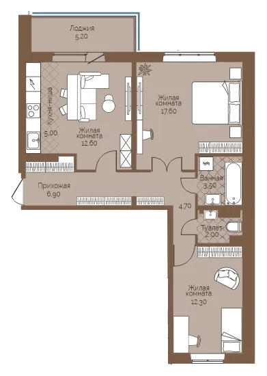 Планировка: 2-комн., 67,2 м²