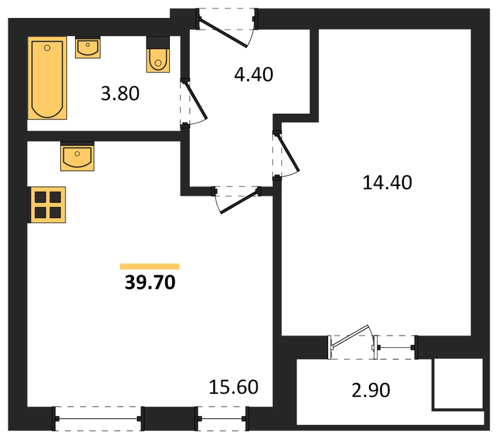 Планировка: 1-комн., 39,7 м²