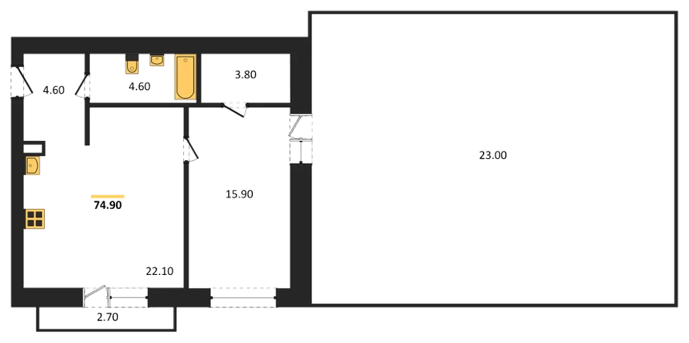 Планировка: 1-комн., 74,9 м²