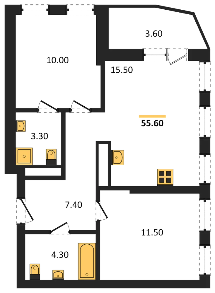 Планировка: 2-комн., 53,8 м²