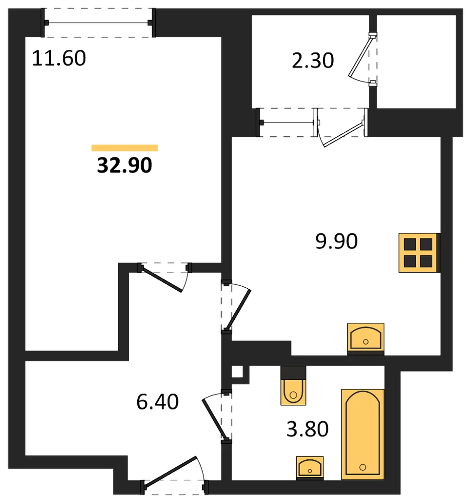 Планировка: 1-комн., 32,9 м²