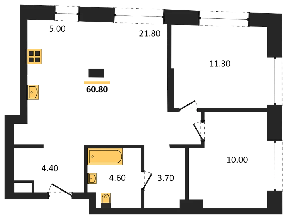 Планировка: 2-комн., 60,8 м²
