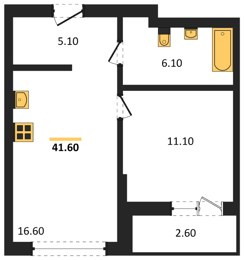 Планировка: 1-комн., 41,6 м²