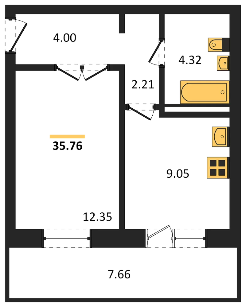 Планировка: 1-комн., 35,8 м²