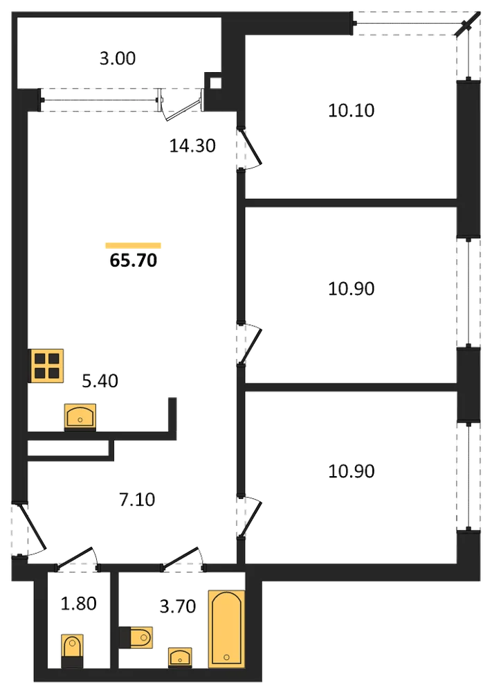 Планировка: 3-комн., 65,7 м²
