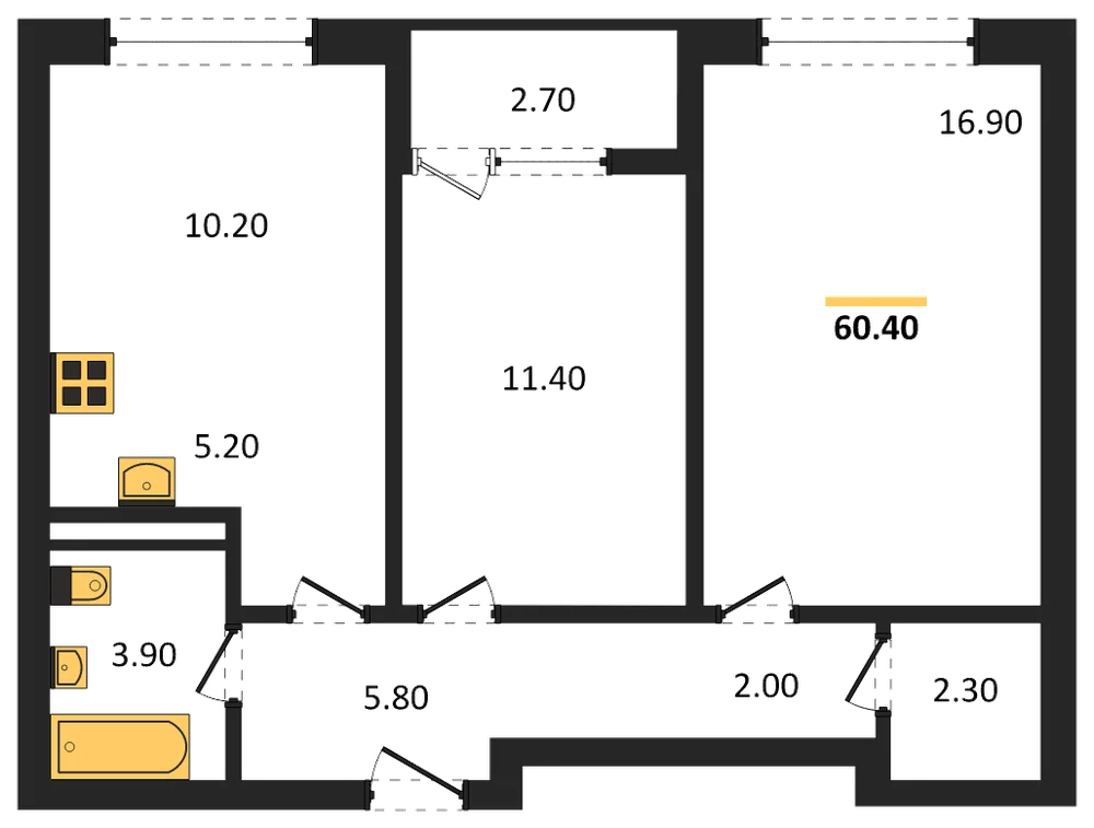 Планировка: 2-комн., 60,4 м²