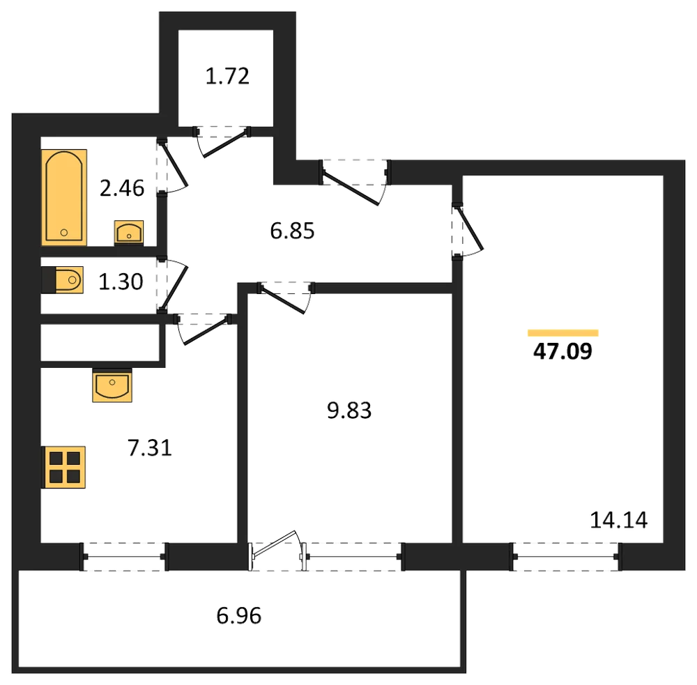 Планировка: 2-комн., 47,1 м²