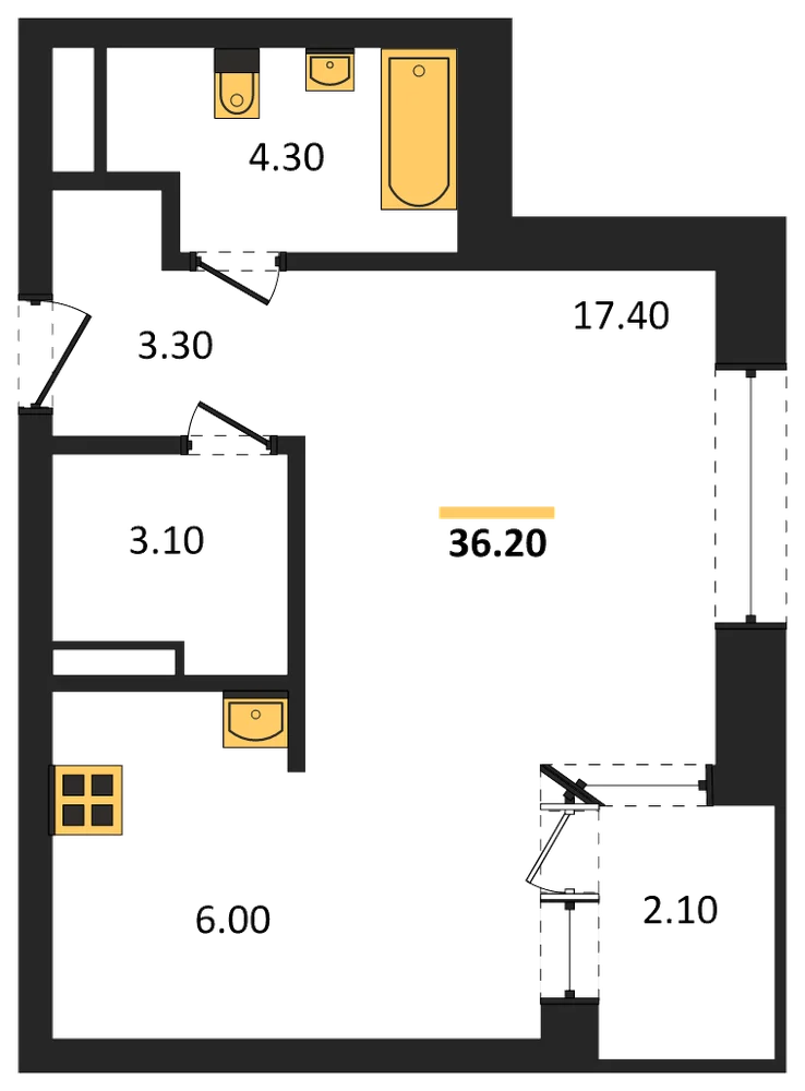 Планировка: Студия, 36,2 м²