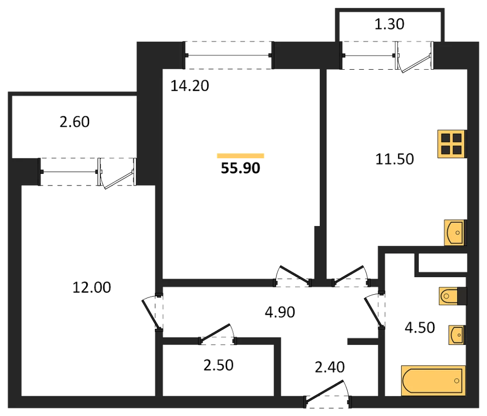 Планировка: 2-комн., 55,9 м²