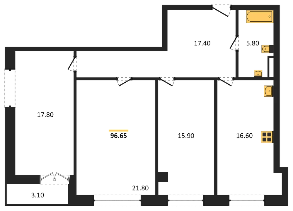 Планировка: 3-комн., 96,9 м²