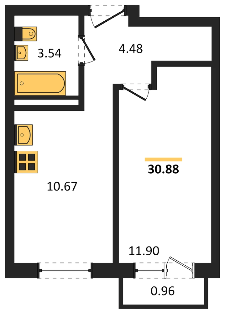 Планировка: 1-комн., 30,9 м²
