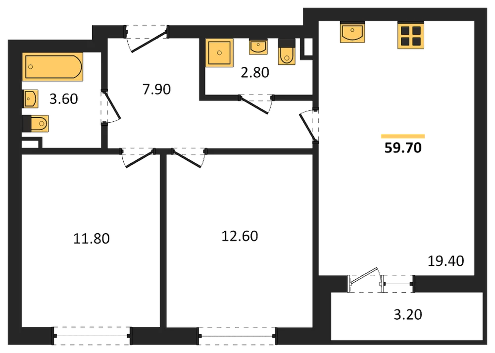 Планировка: 2-комн., 59,7 м²