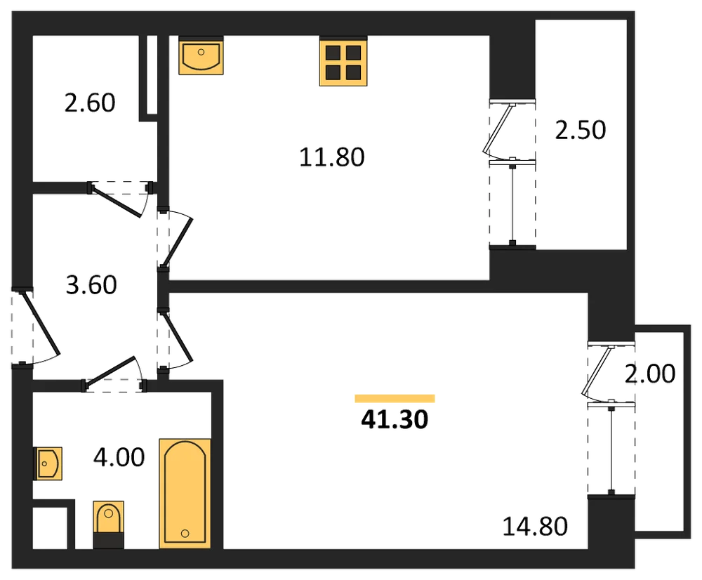 Планировка: 1-комн., 41,3 м²