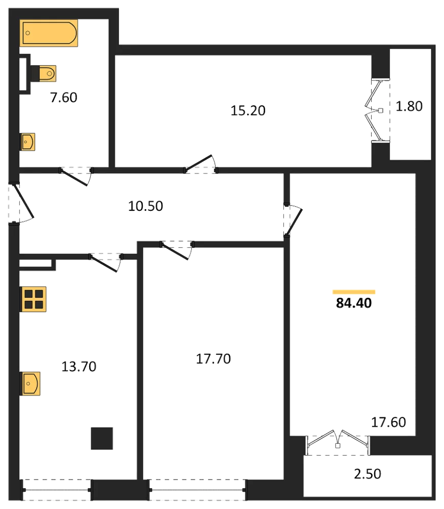 Планировка: 3-комн., 84,6 м²