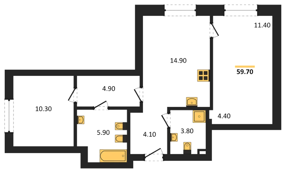 Планировка: 2-комн., 59,7 м²