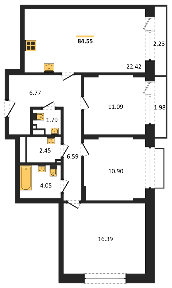 Планировка: 3-комн., 84,6 м²