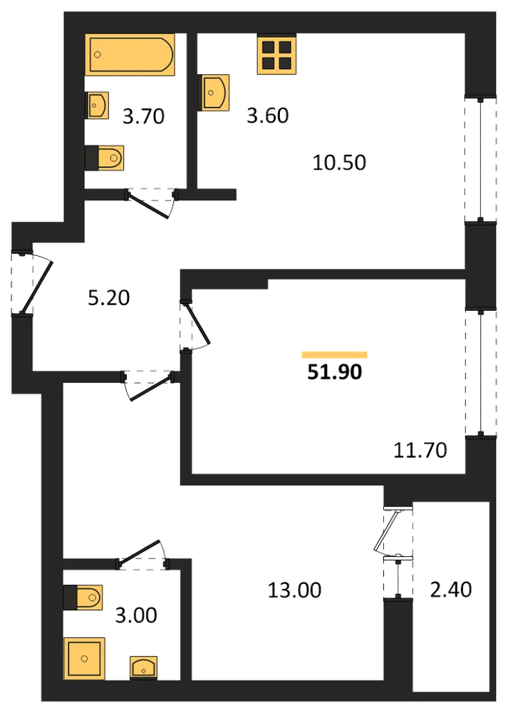 Планировка: 2-комн., 51,9 м²