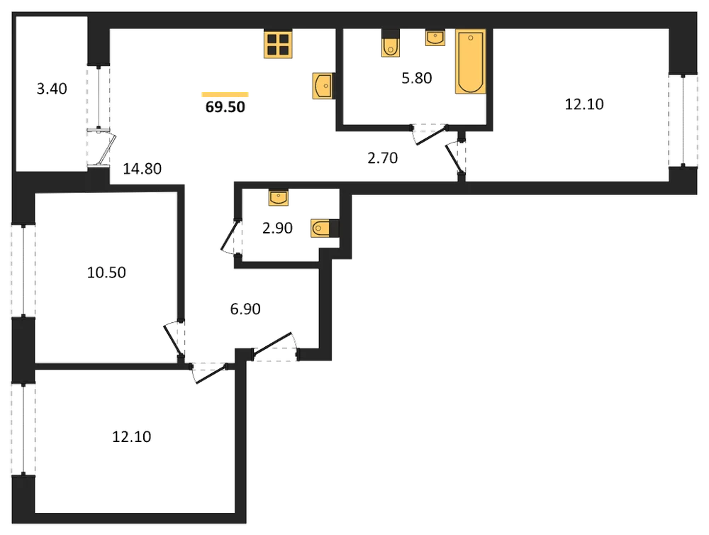 Планировка: 3-комн., 69,5 м²