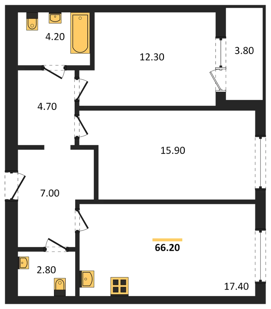 Планировка: 2-комн., 66,2 м²