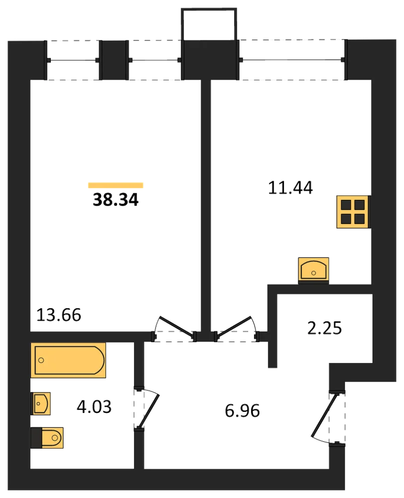 Планировка: 1-комн., 38,3 м²