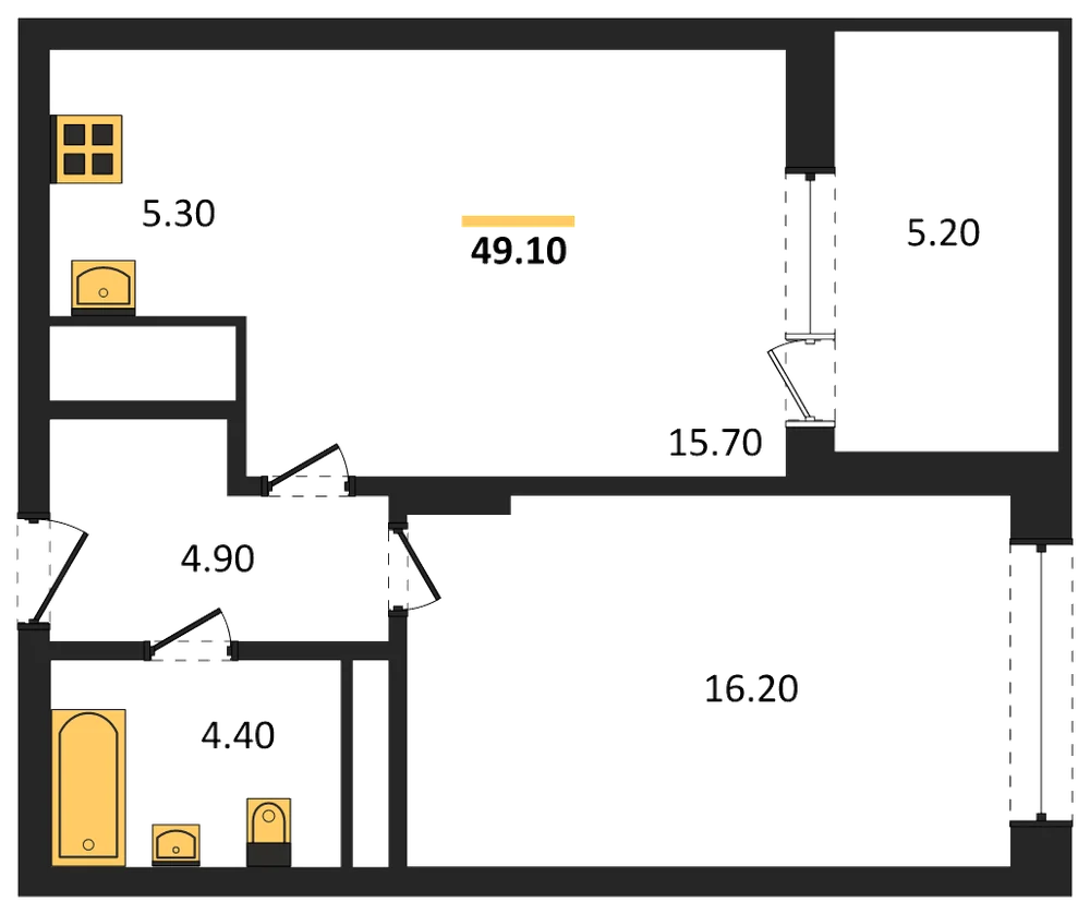 Планировка: 1-комн., 49,1 м²