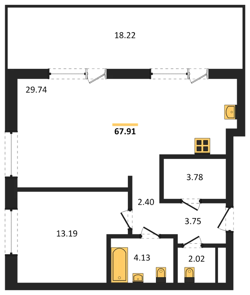 Планировка: 1-комн., 67,5 м²