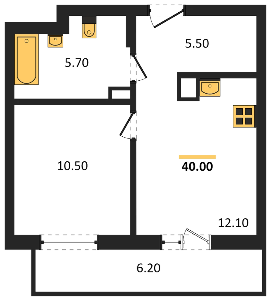 Планировка: 1-комн., 40 м²