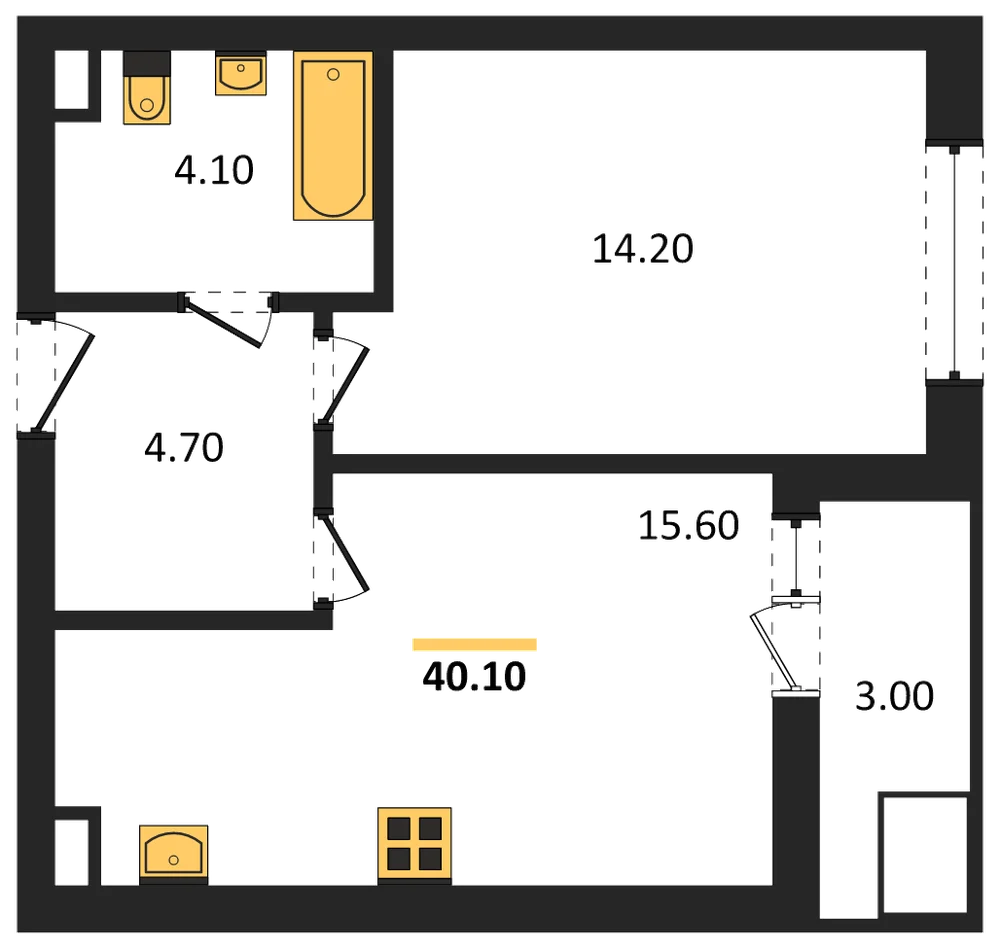 Планировка: 1-комн., 40,1 м²