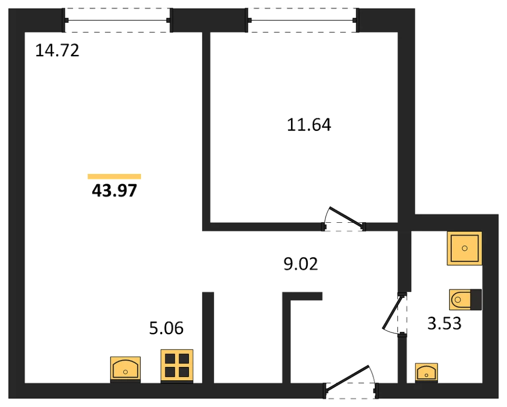 Планировка: 2-комн., 43,9 м²