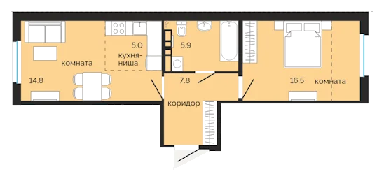 Планировка: 1-комн., 50 м²
