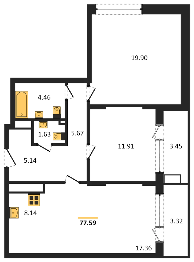 Планировка: 2-комн., 77,6 м²