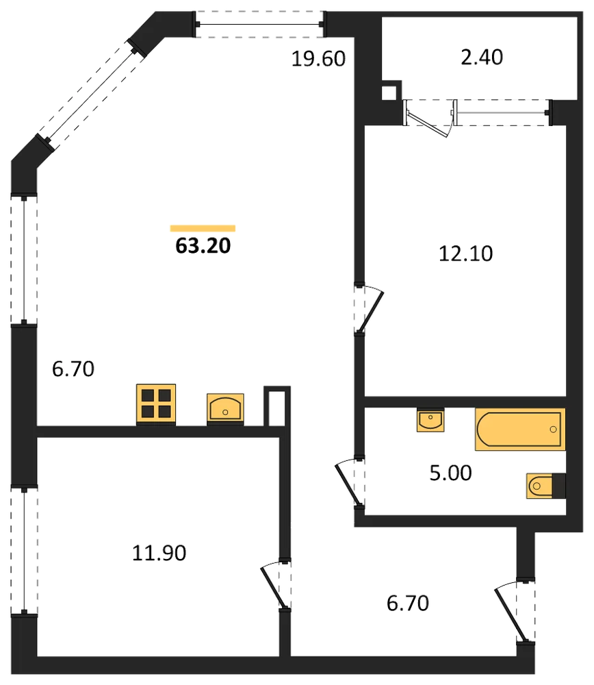 Планировка: 2-комн., 63,2 м²