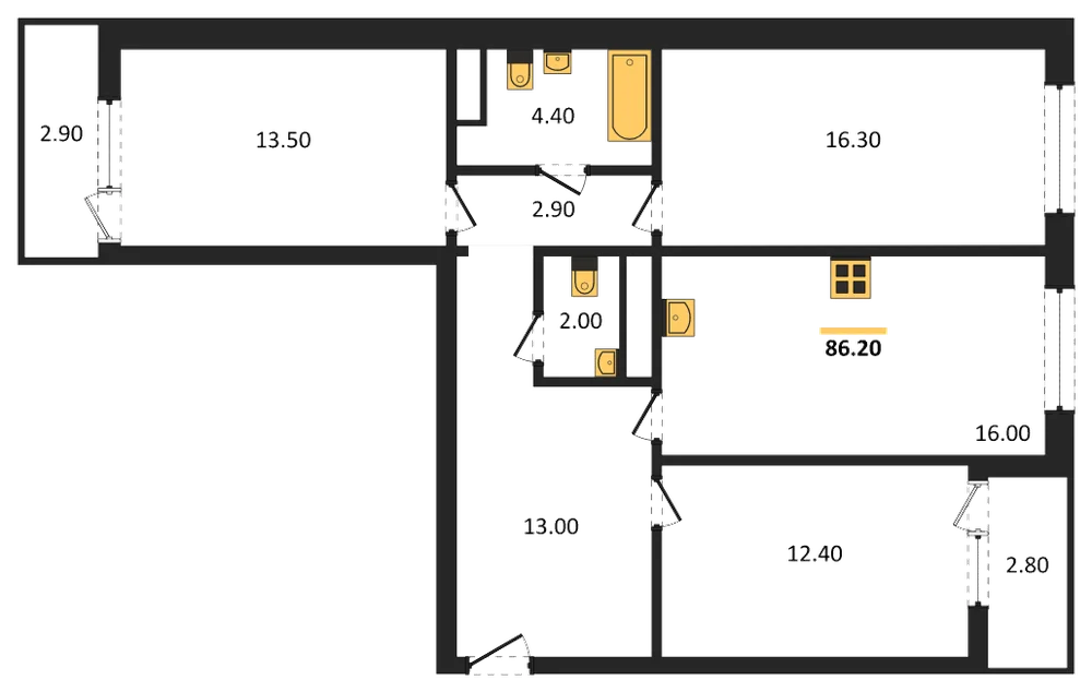Планировка: 3-комн., 86,2 м²