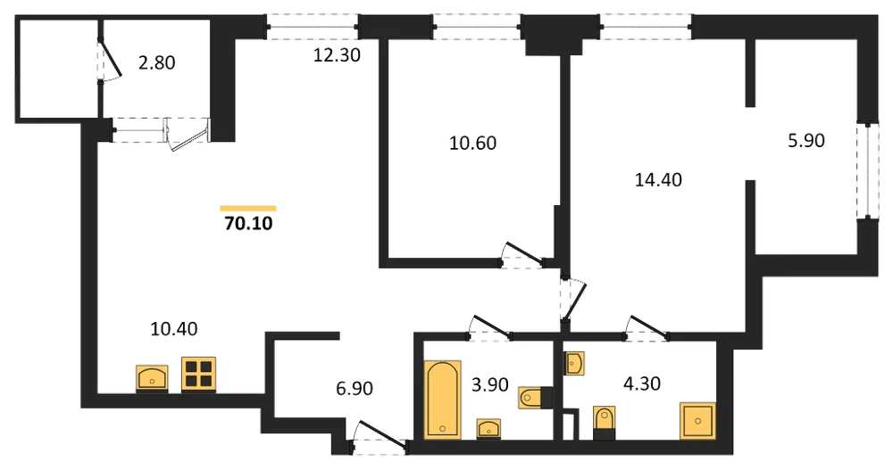 Планировка: 2-комн., 70,1 м²