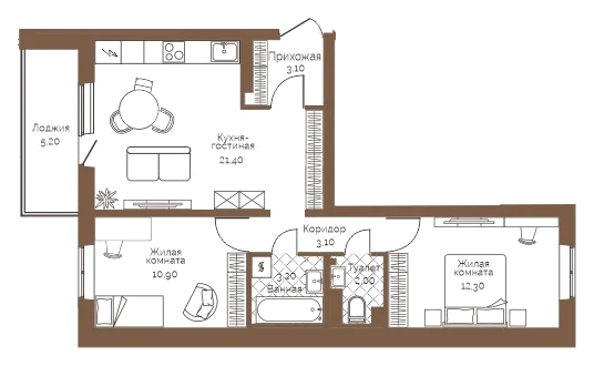 Планировка: 2-комн., 58,6 м²