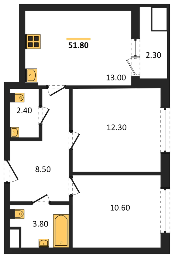 Планировка: 2-комн., 51,8 м²