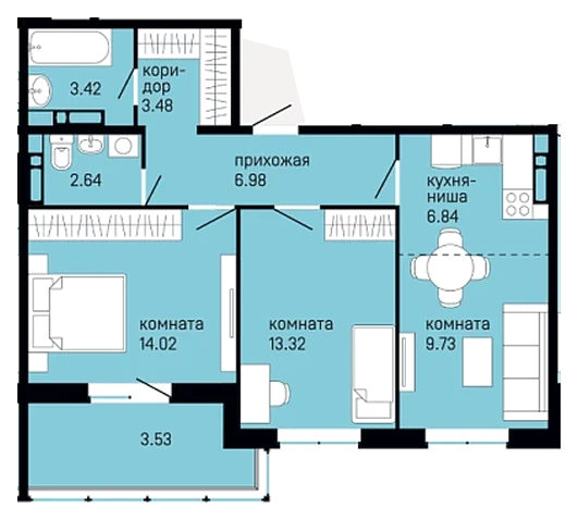 Планировка: 2-комн., 64 м²