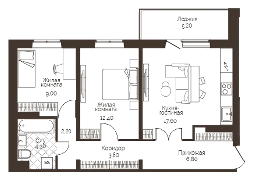 Планировка: 2-комн., 58,7 м²