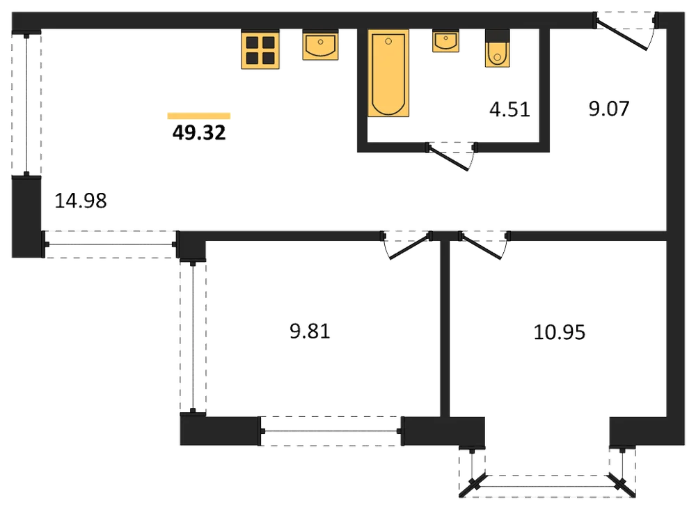 Планировка: 2-комн., 49 м²