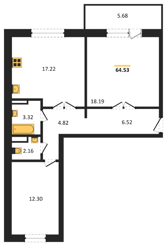 Планировка: 2-комн., 64,3 м²