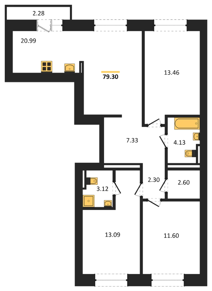 Планировка: 3-комн., 79,3 м²