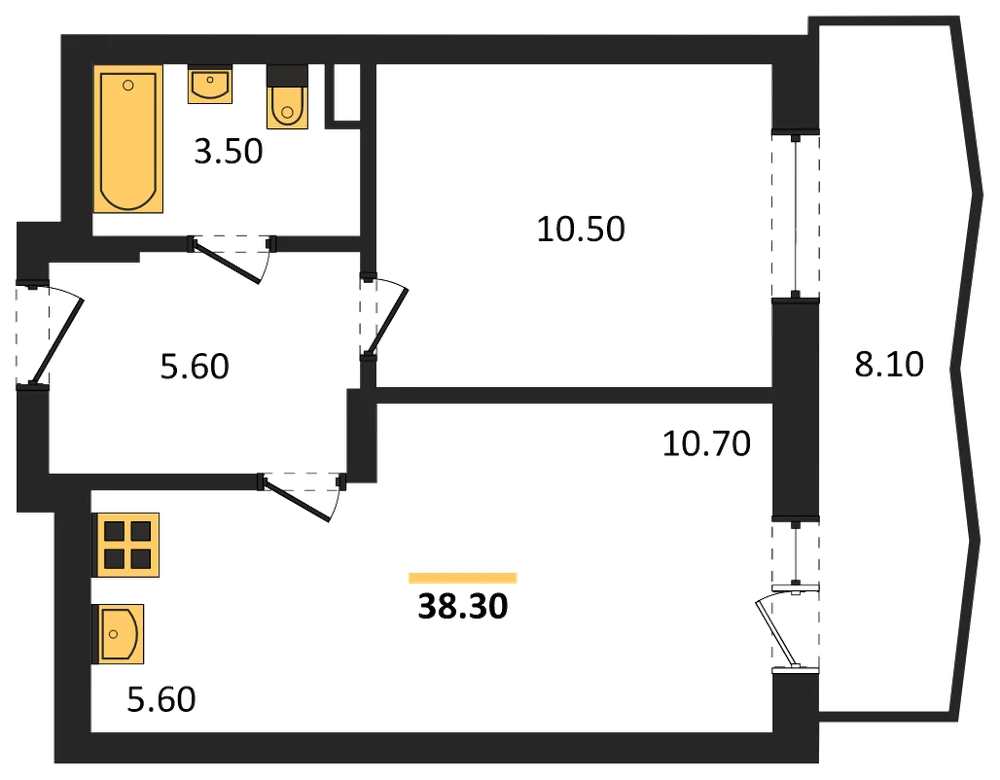 Планировка: 1-комн., 38,3 м²