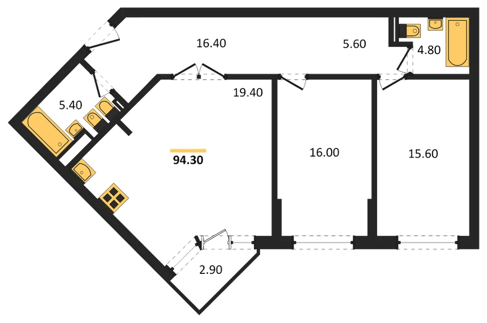 Планировка: 2-комн., 94,3 м²
