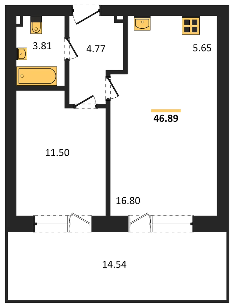 Планировка: 1-комн., 57,1 м²