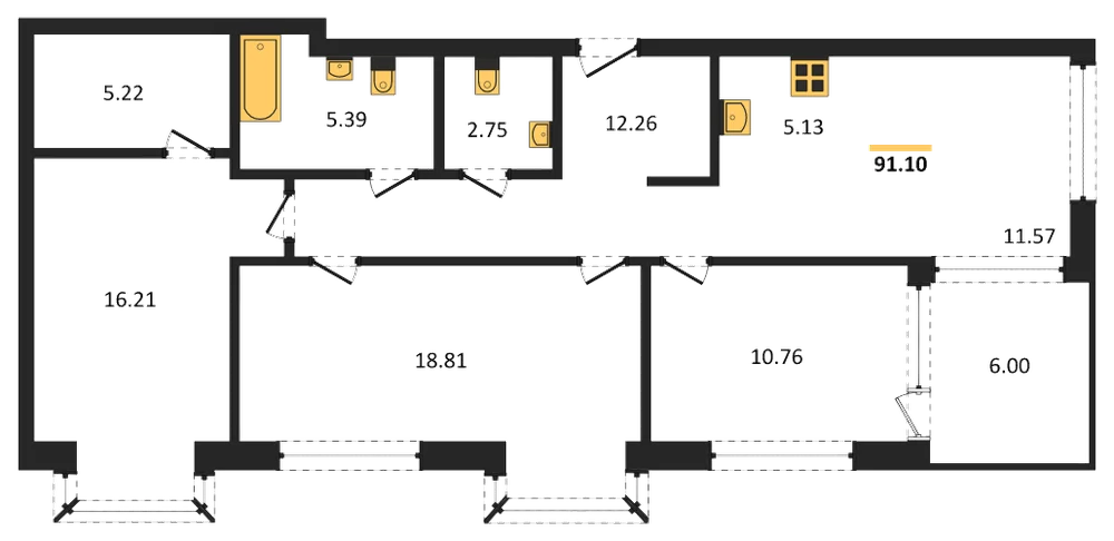 Планировка: 4-комн., 90,8 м²