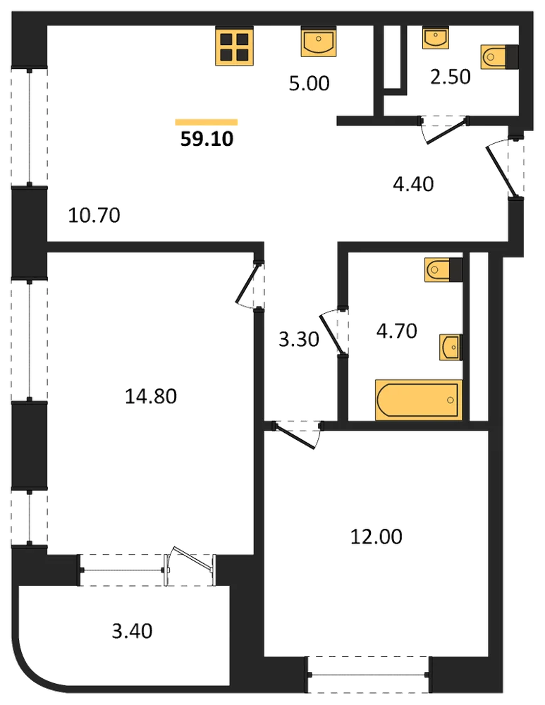 Планировка: 3-комн., 59,1 м²
