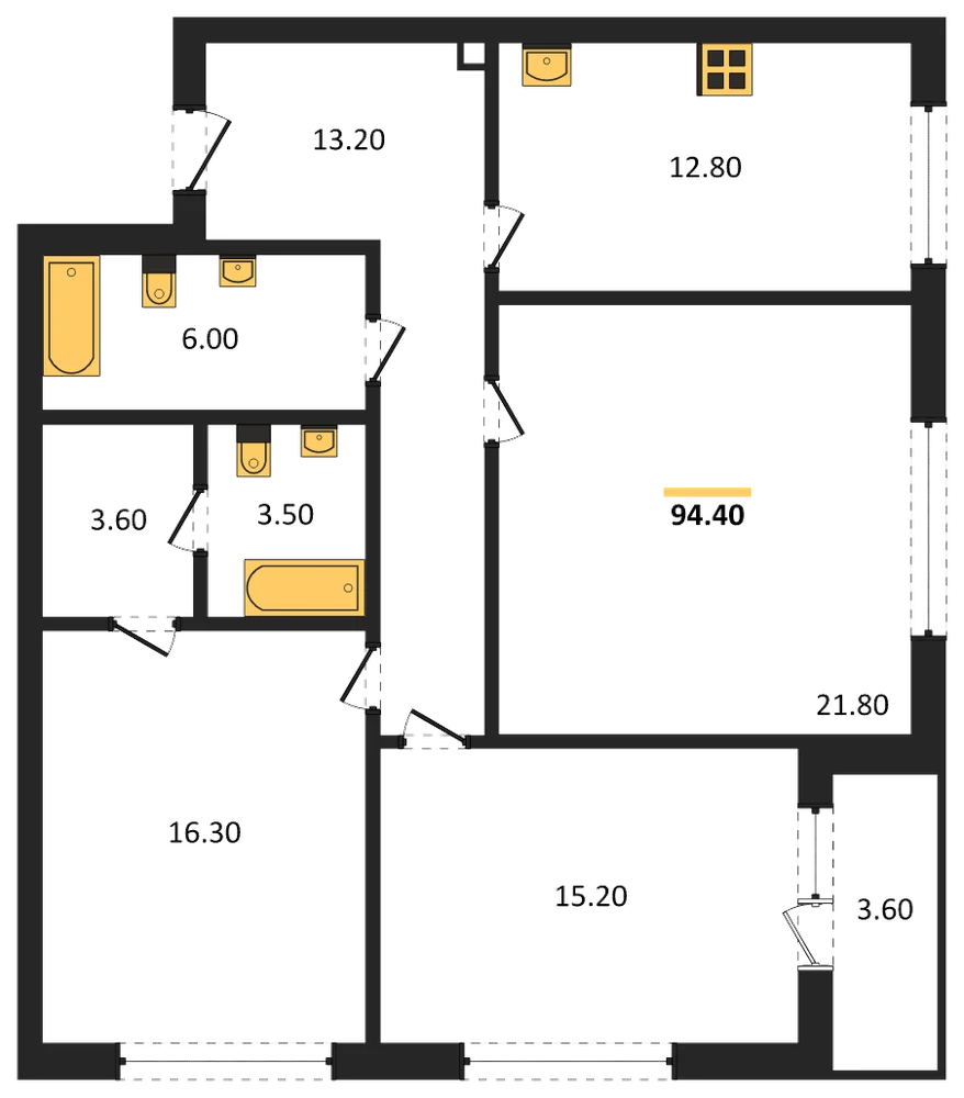Планировка: 3-комн., 94,4 м²